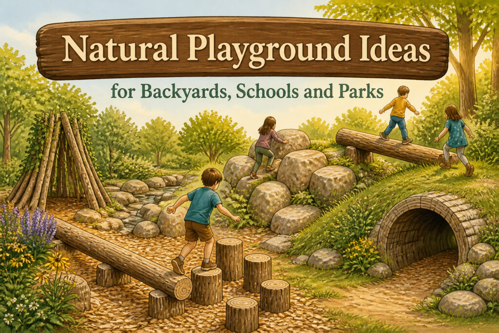 Children playing in a natural playground with logs, rocks, and greenery.