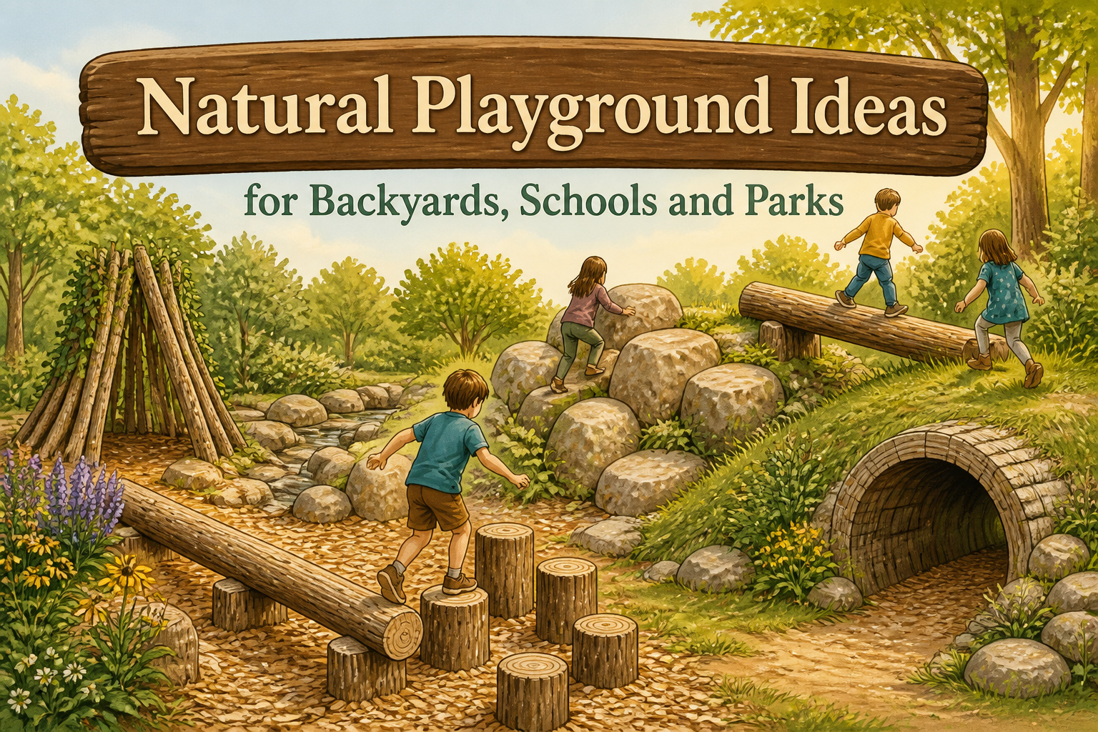 Children playing in a natural playground with logs, rocks, and greenery.