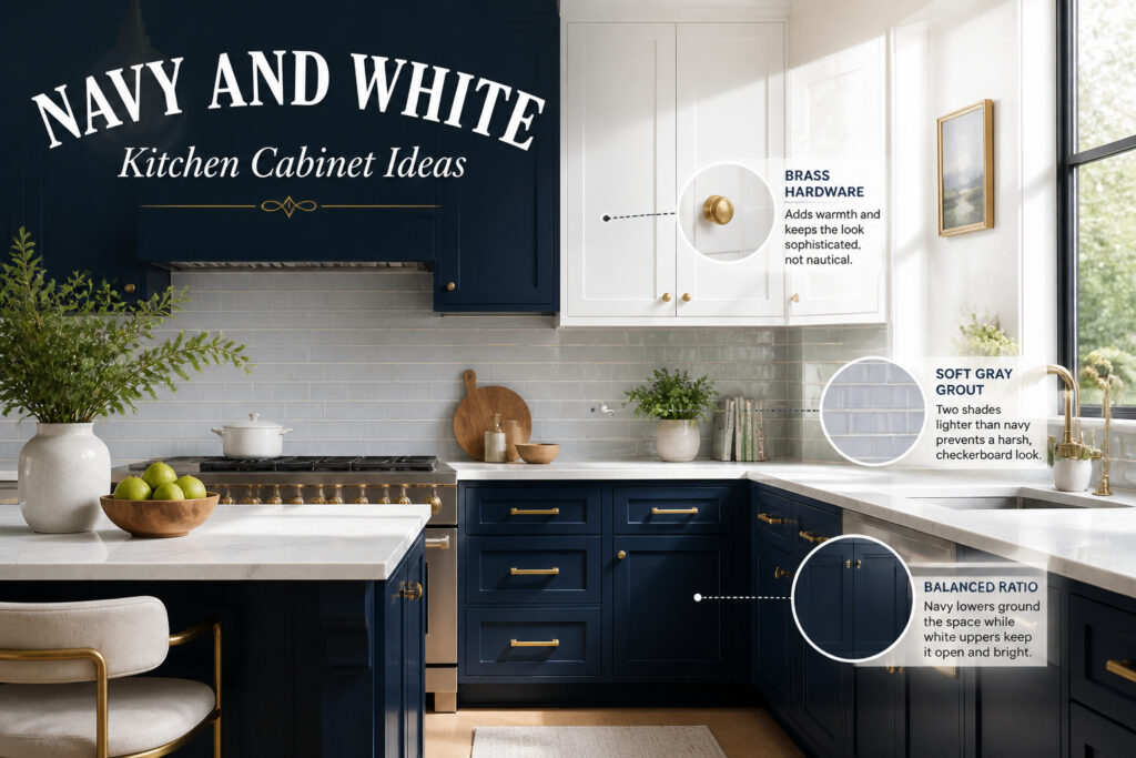 Kitchen with navy and white cabinets, showcasing various design elements.