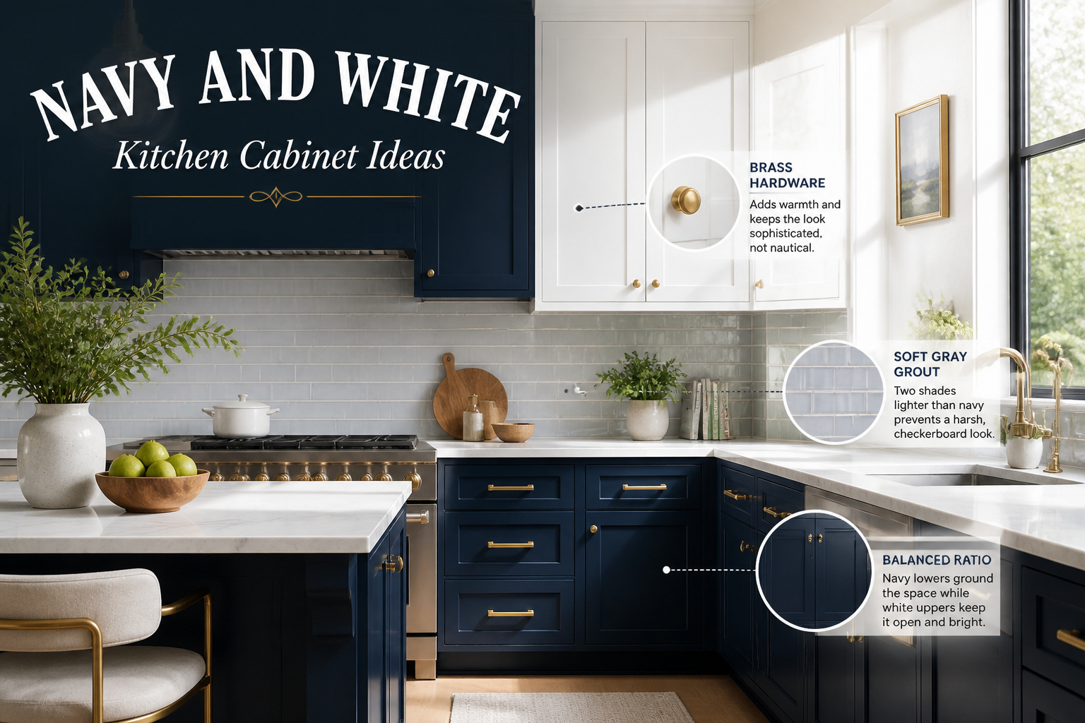 Kitchen with navy and white cabinets, showcasing various design elements.