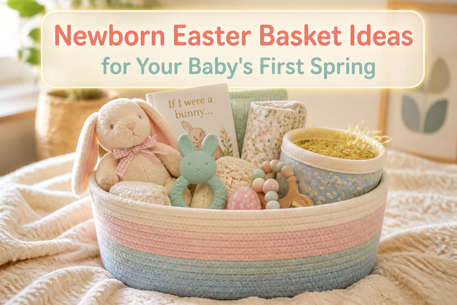 A variety of items for a newborn Easter basket, including toys and books.