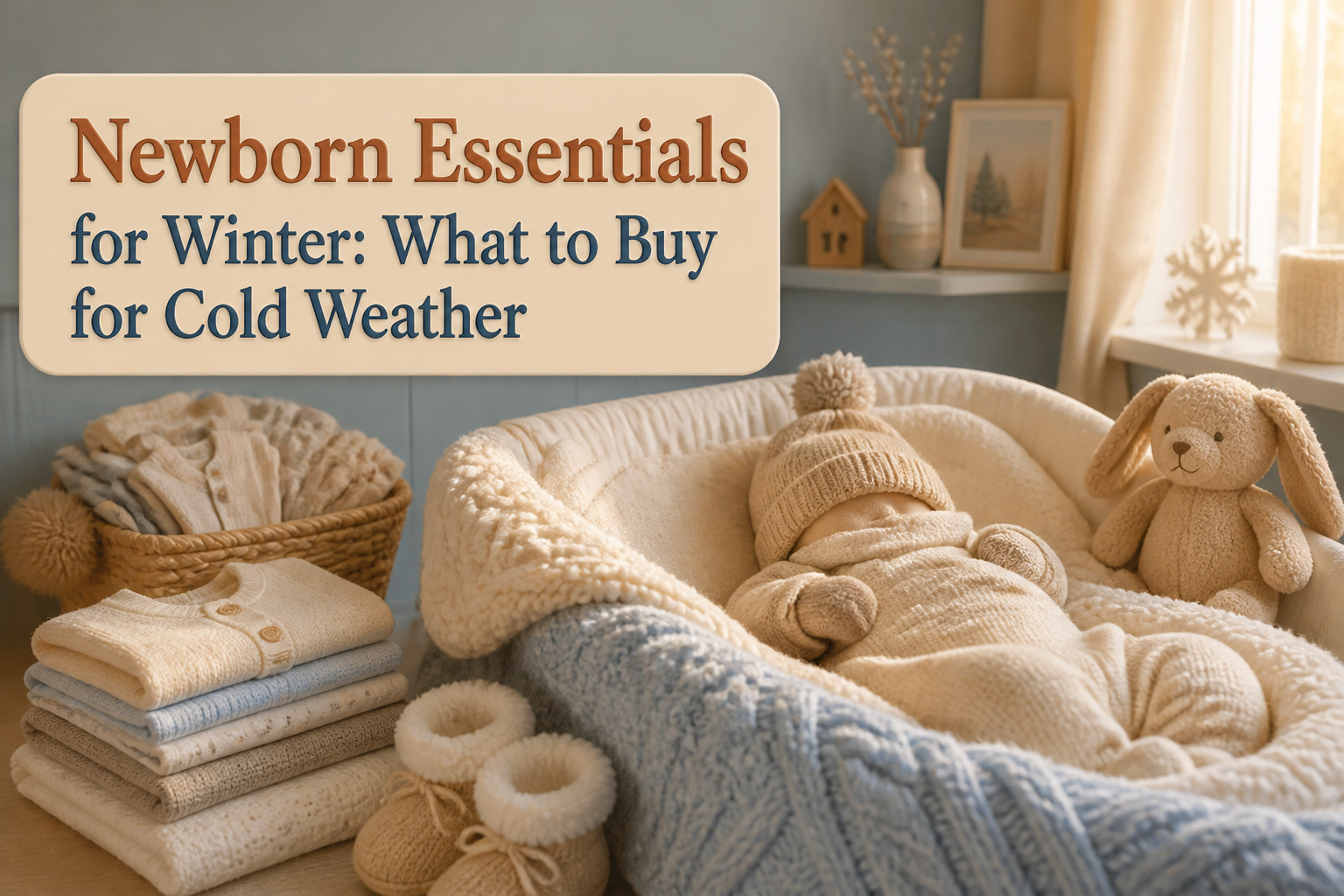 Various newborn winter essentials arranged in a warm nursery.