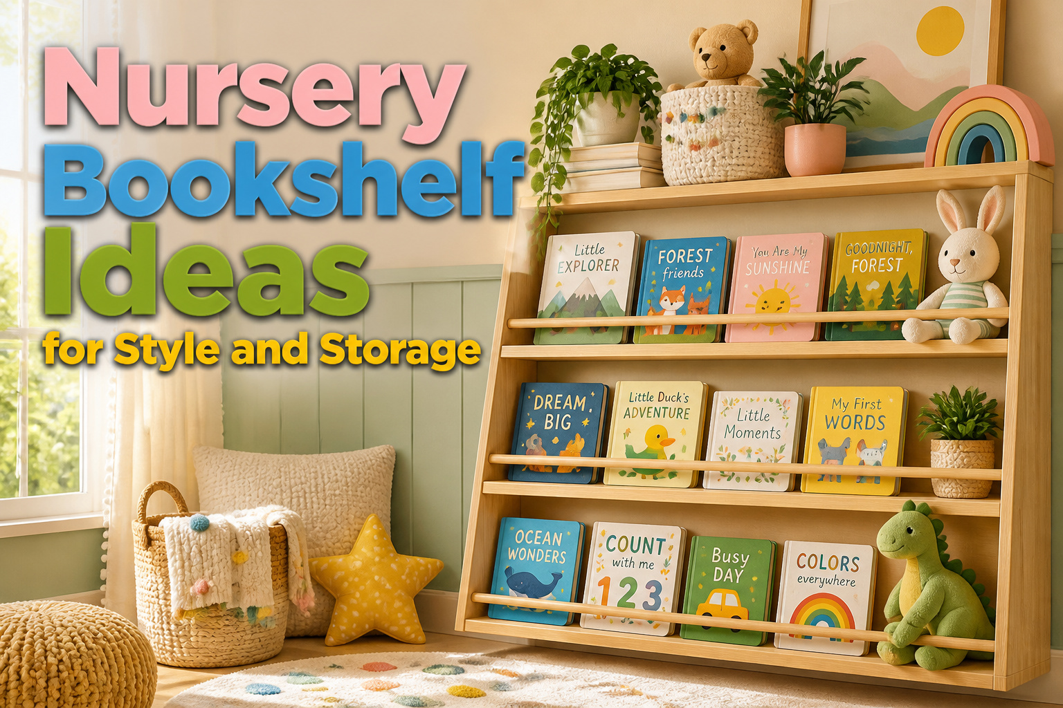 Various nursery bookshelves showcasing different styles and storage solutions.