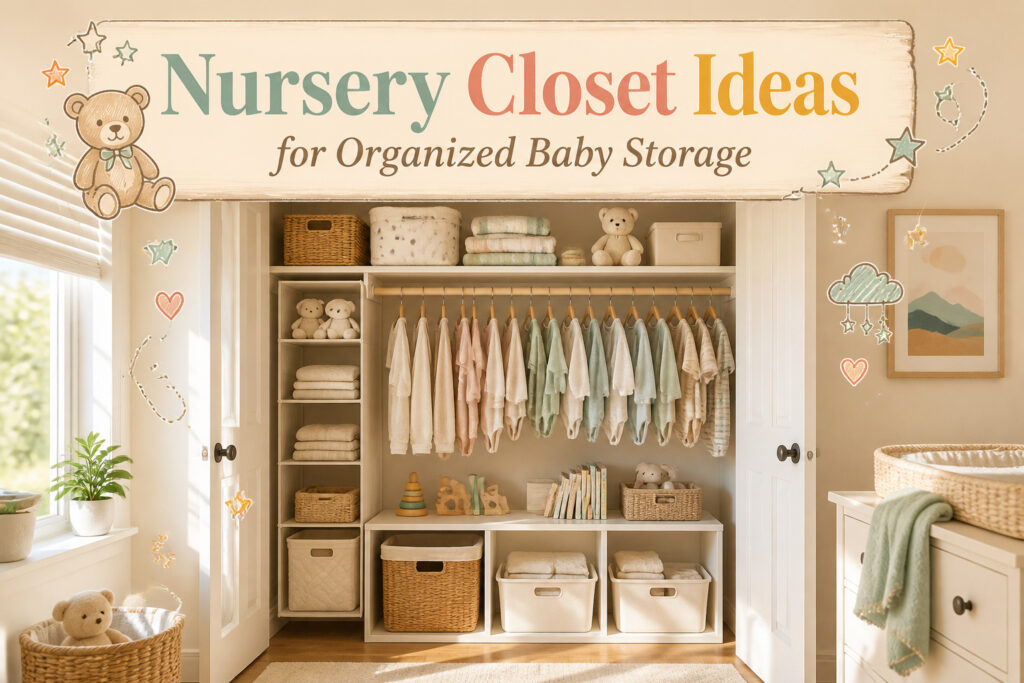 A nursery closet displaying neatly arranged baby clothes and storage solutions.