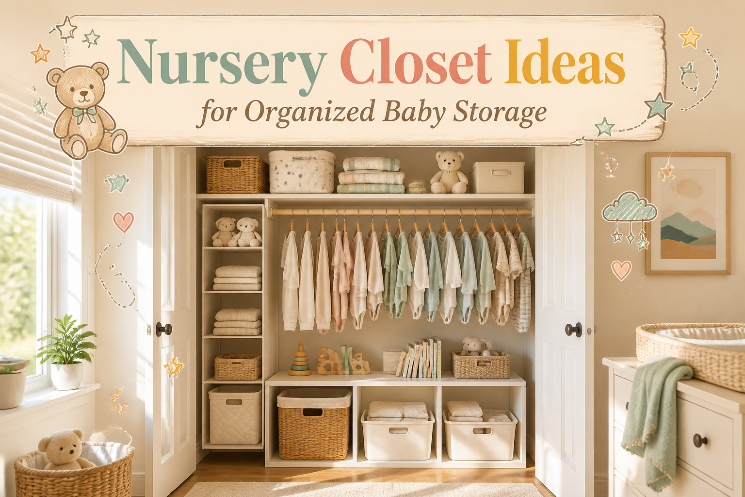 A nursery closet displaying neatly arranged baby clothes and storage solutions.