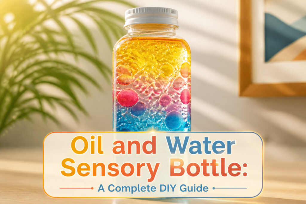 A sensory bottle filled with oil and water on a wooden coffee table.