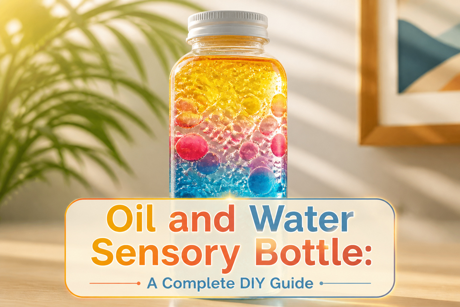 A sensory bottle filled with oil and water on a wooden coffee table.