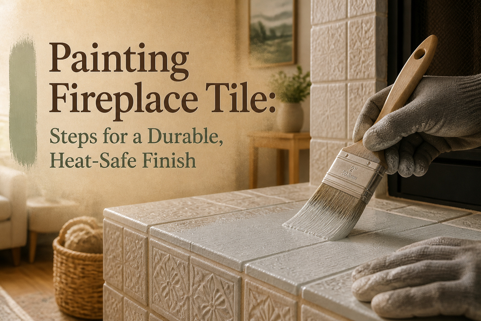 A fireplace with painted tiles in warm tones and a cozy atmosphere.