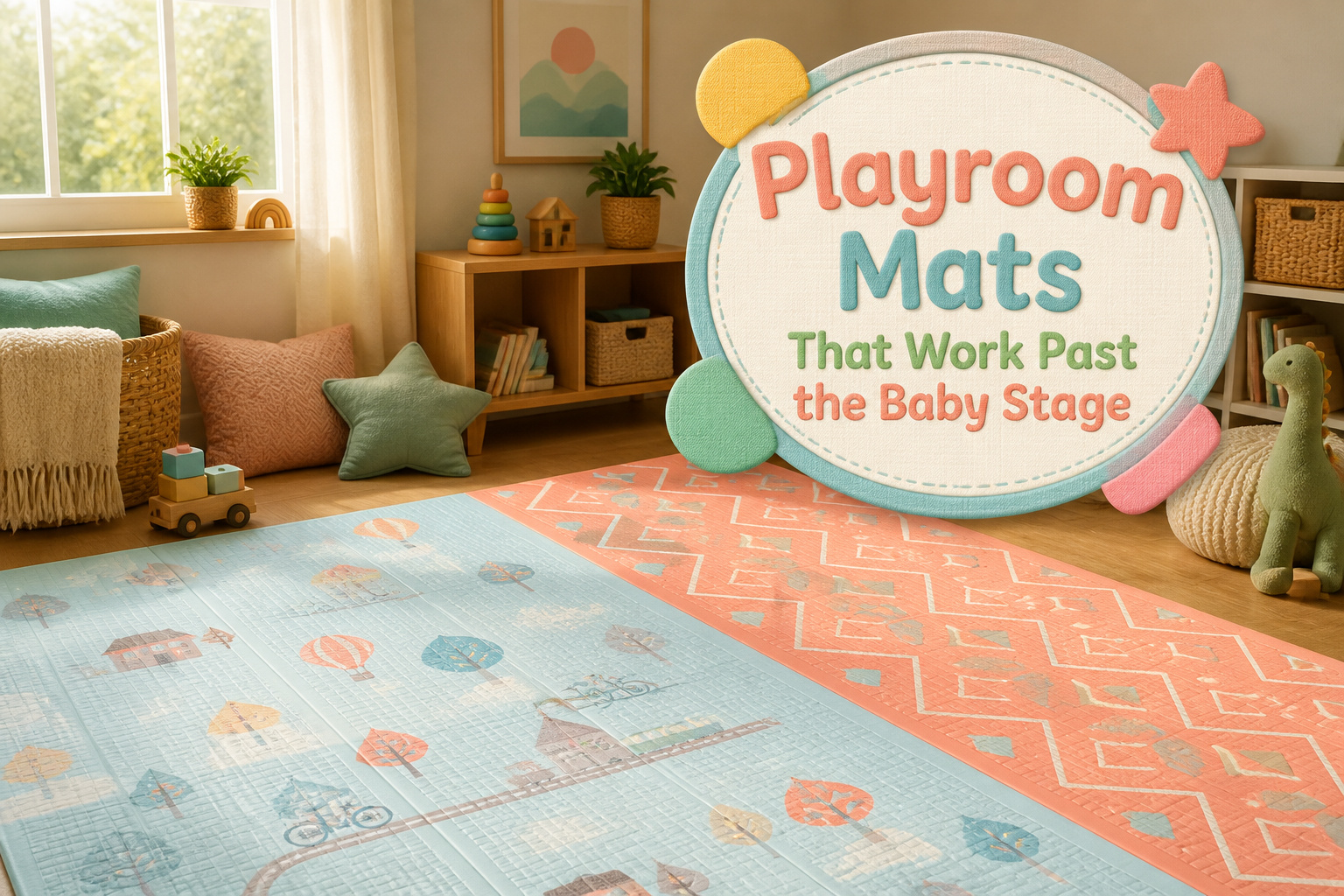 Cozy playroom with a double-sided play mat on wooden floor.
