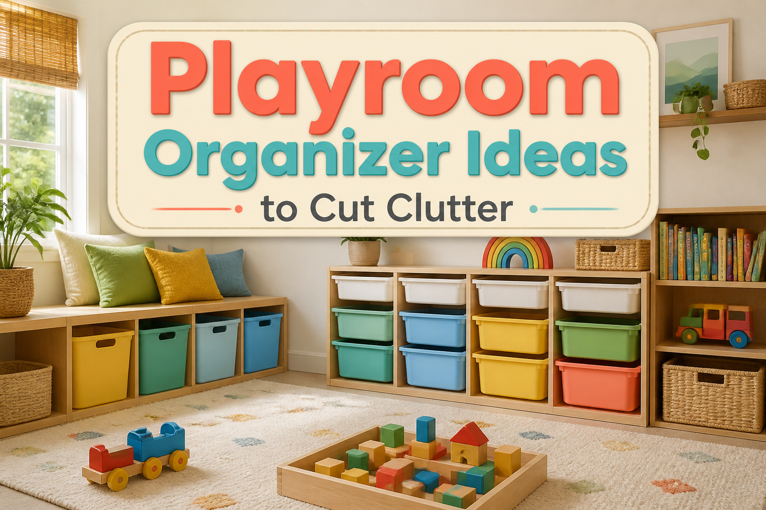An organized playroom with various storage bins and labeled organizers.