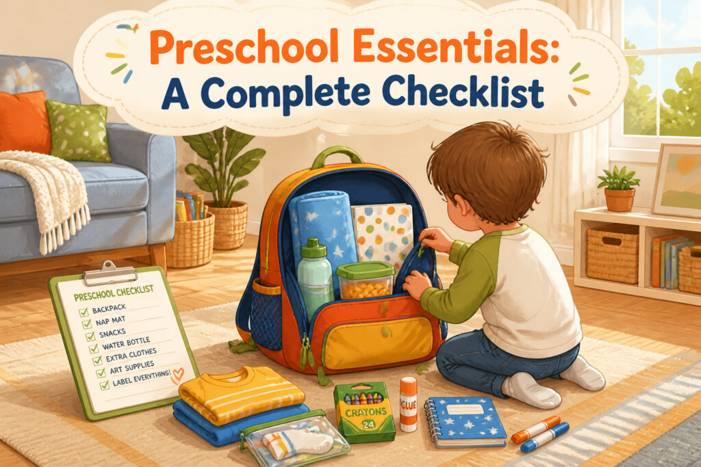 Various preschool items including backpacks, clothes, and supplies on a bright surface.