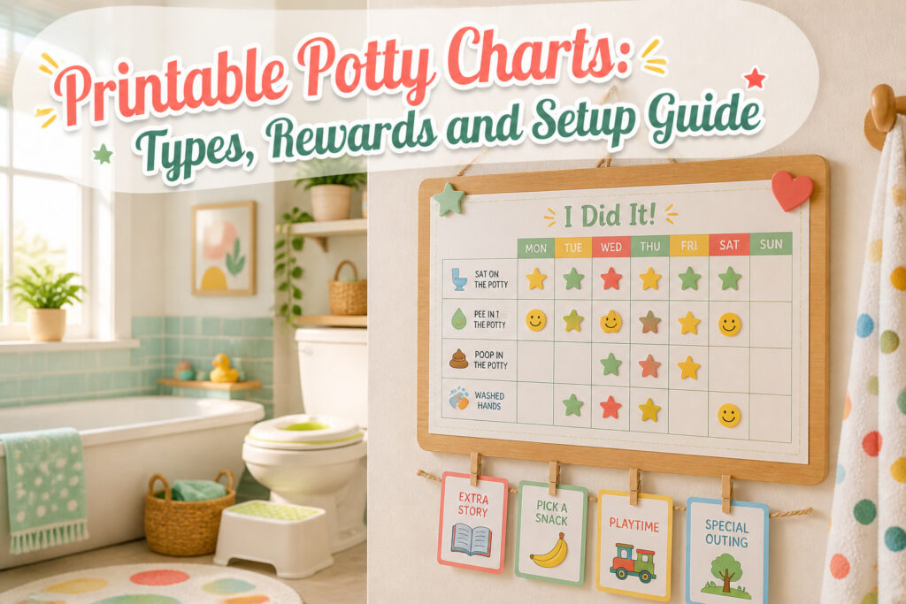 A collection of printable potty charts and rewards for potty training.