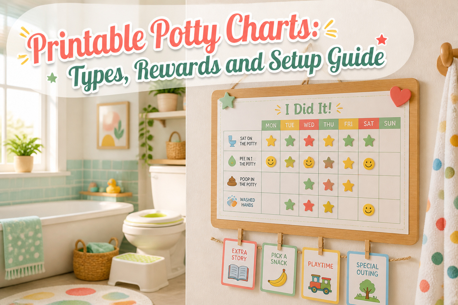 A collection of printable potty charts and rewards for potty training.