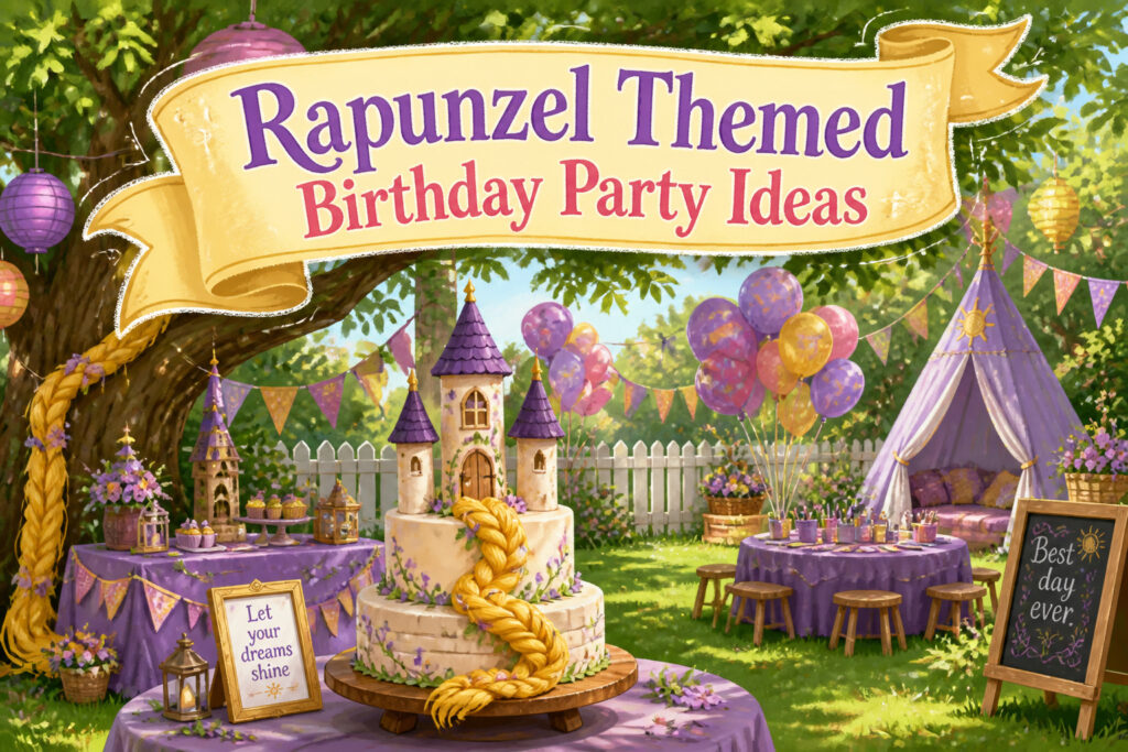 Colorful decorations and Rapunzel-themed elements at a birthday party.