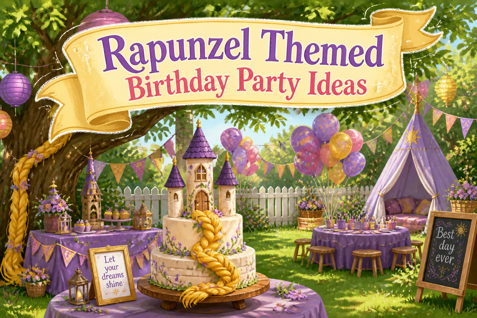 Colorful decorations and Rapunzel-themed elements at a birthday party.