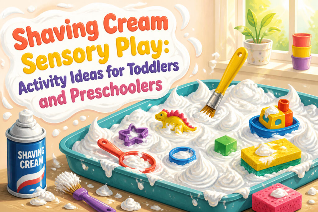 A variety of shaving cream sensory play activities displayed on a vibrant table.