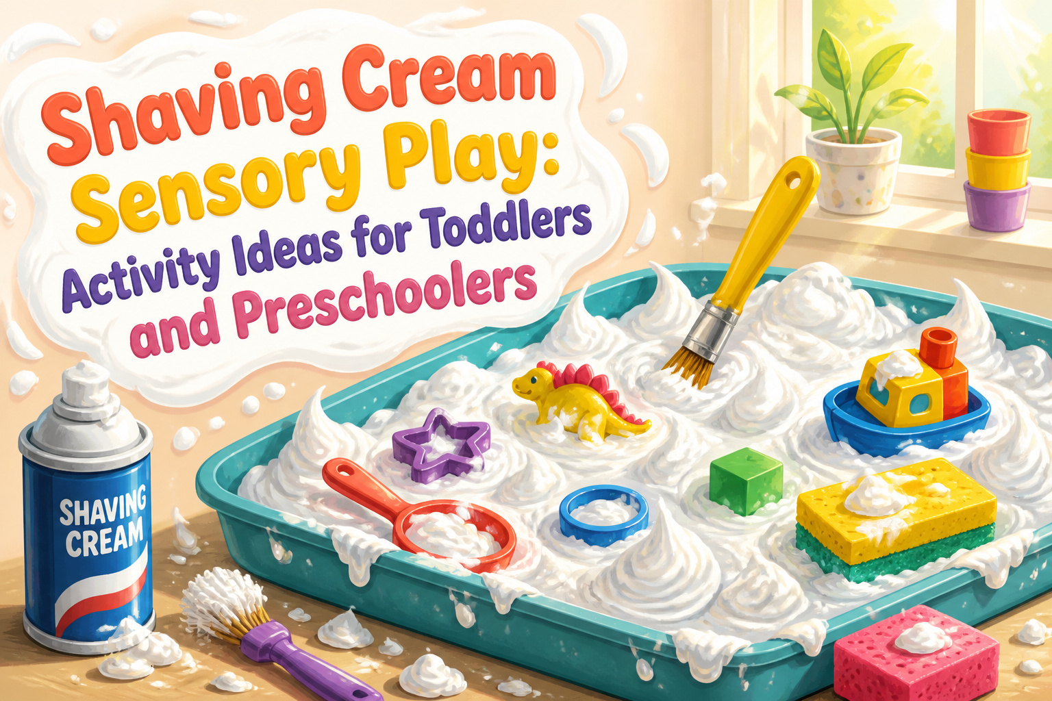 A variety of shaving cream sensory play activities displayed on a vibrant table.