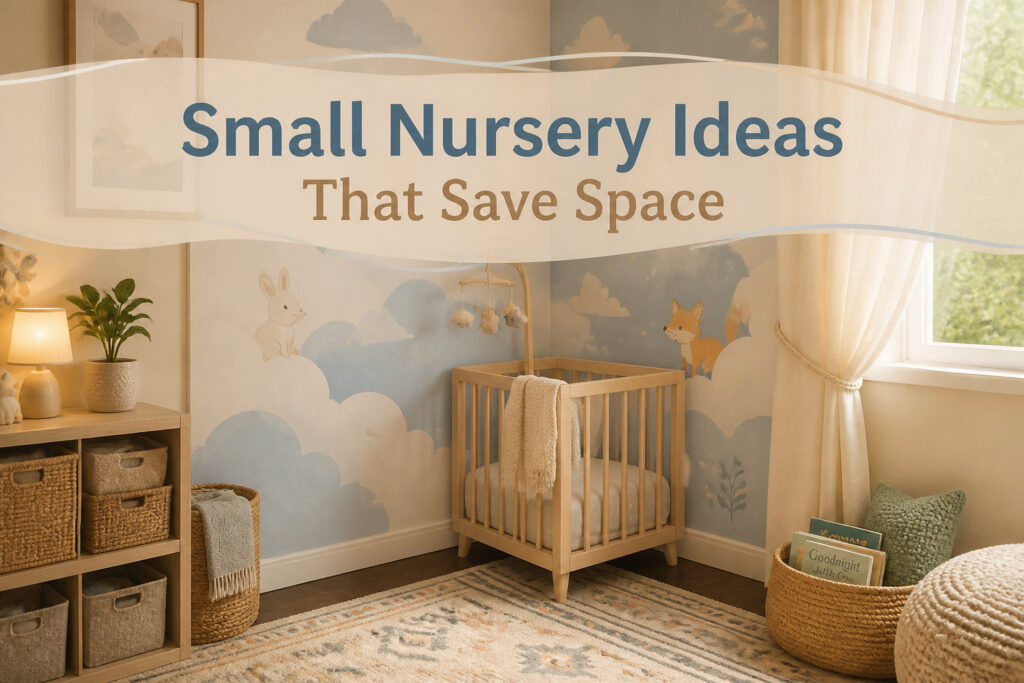 A small nursery featuring a crib, changing table, and decorative storage.