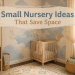 A small nursery featuring a crib, changing table, and decorative storage.