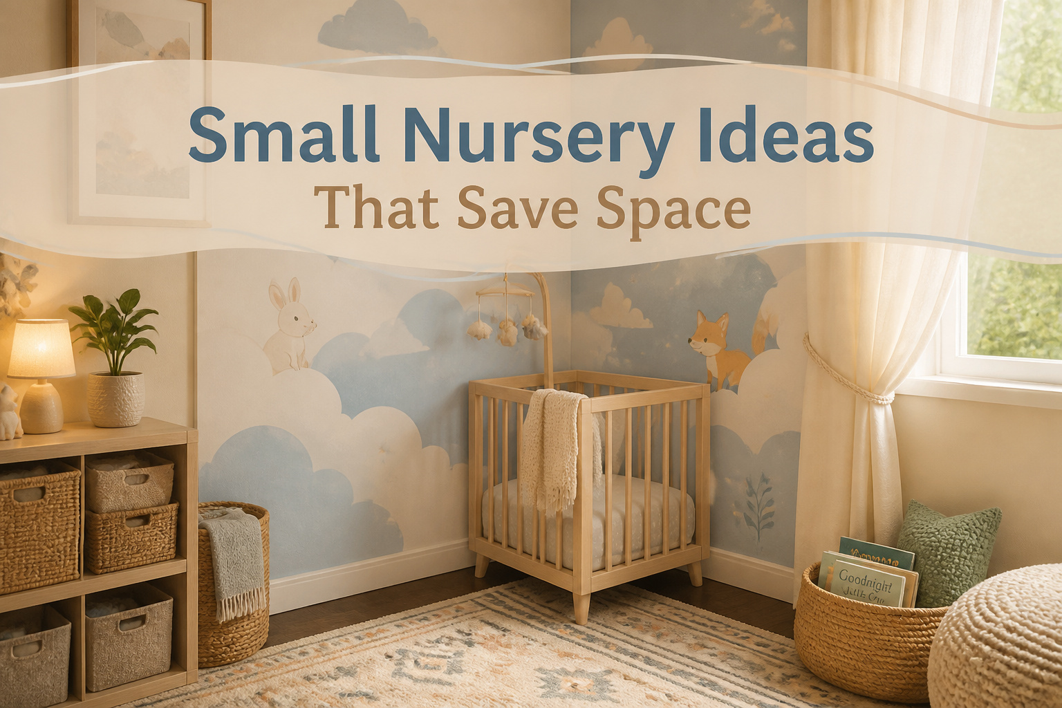 A small nursery featuring a crib, changing table, and decorative storage.
