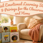 Colorful classroom corner with various social emotional learning books on display.
