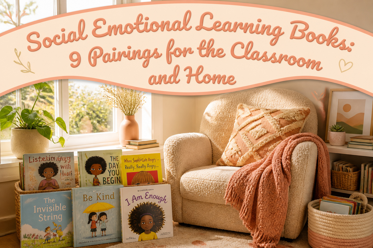 Colorful classroom corner with various social emotional learning books on display.