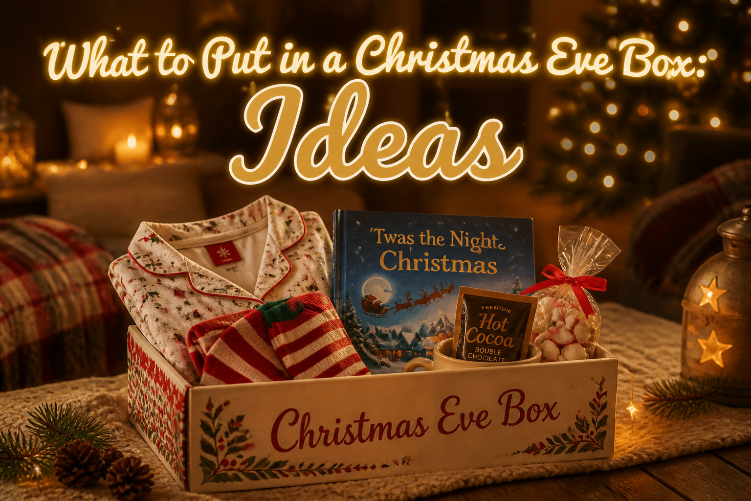 A Christmas Eve box with assorted gifts and decorations.