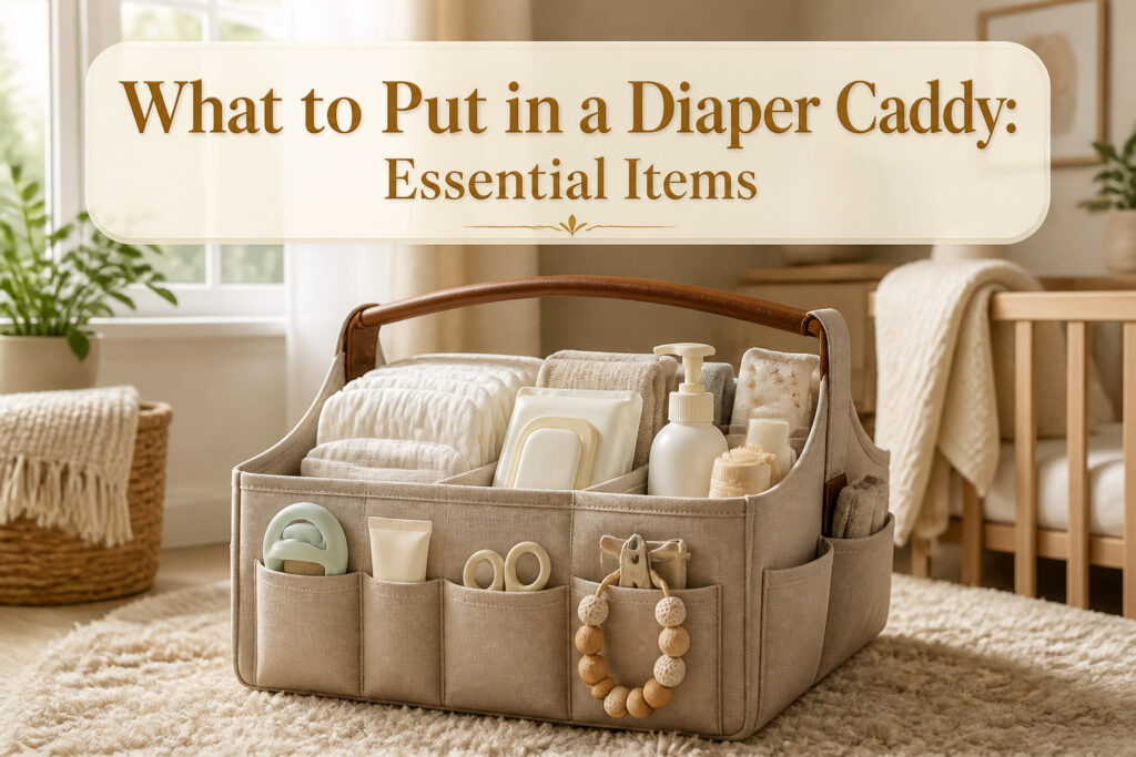 Diaper caddy showcasing various baby care essentials neatly arranged.