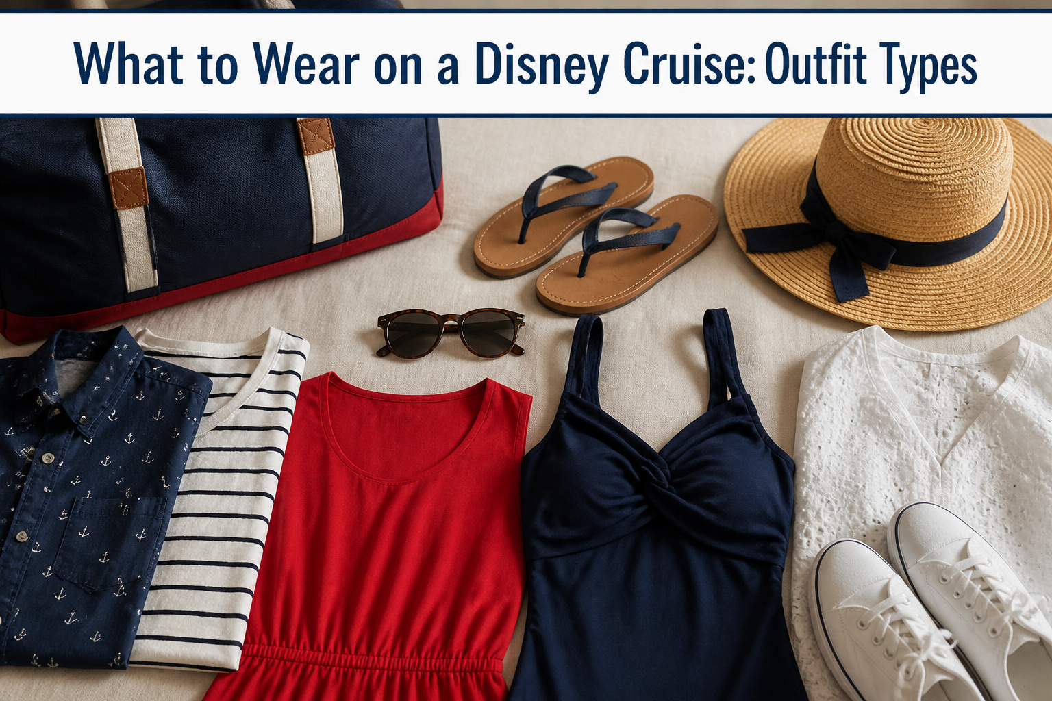 Flat lay of casual clothing items including t-shirts, sundresses, and sandals.