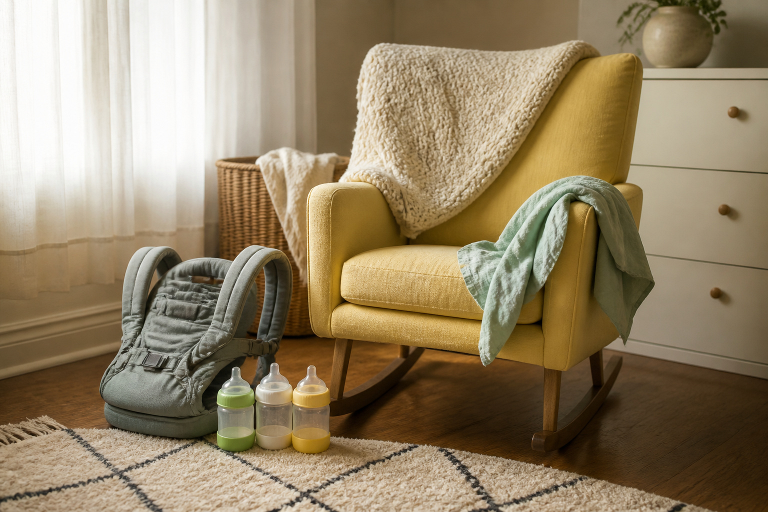 Various baby accessories arranged in a nursery environment.