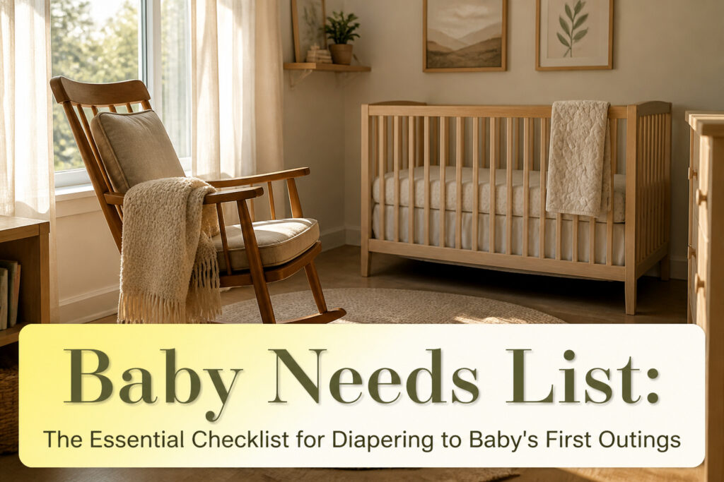 A checklist of baby essentials including diapers, clothing, and feeding supplies.