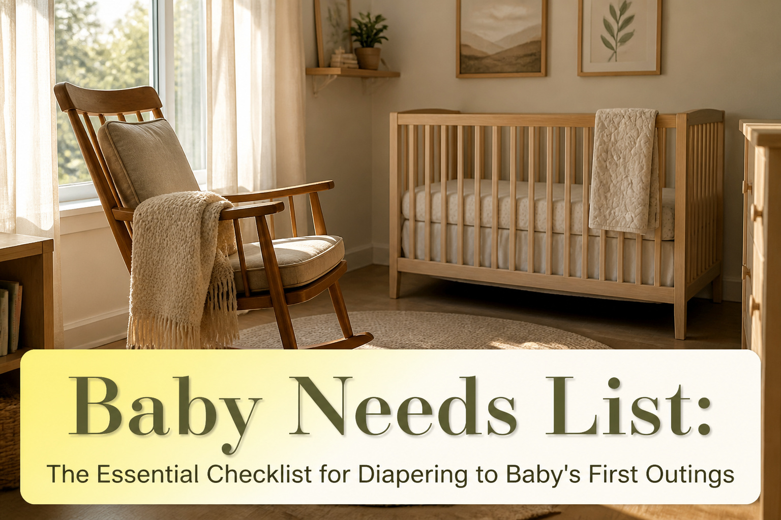 A checklist of baby essentials including diapers, clothing, and feeding supplies.