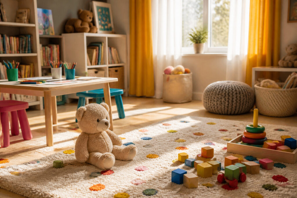 Cozy playroom with colorful toys on a plush rug and sunlight streaming in