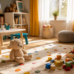 Cozy playroom with colorful toys on a plush rug and sunlight streaming in