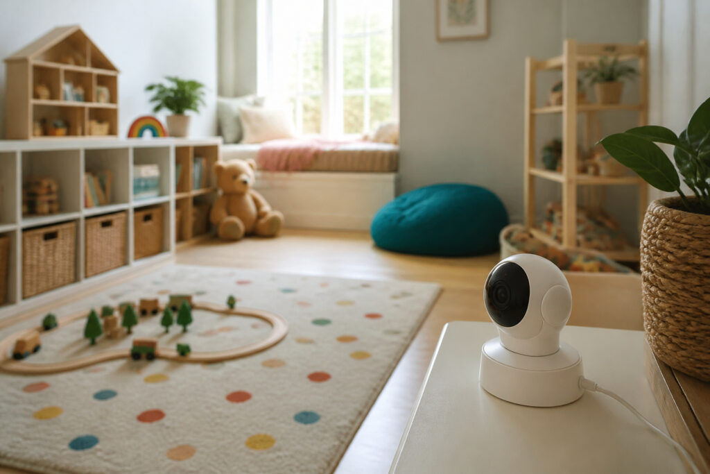 A playroom with colorful toys and a camera mounted on the wall