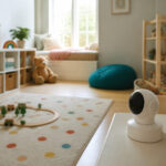 A playroom with colorful toys and a camera mounted on the wall