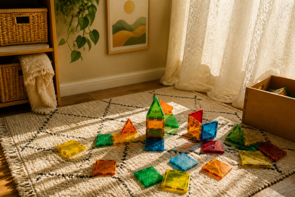 An assortment of colorful toys suitable for three-year-olds in a playroom.