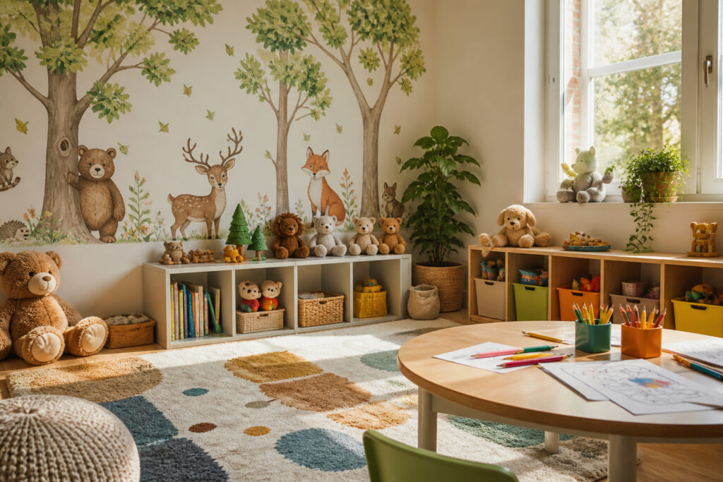 Brightly-lit playroom filled with soft toys and colorful wall decals
