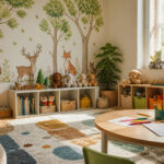 Brightly-lit playroom filled with soft toys and colorful wall decals
