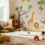 Brightly colored playroom with plush toys scattered on a large rug