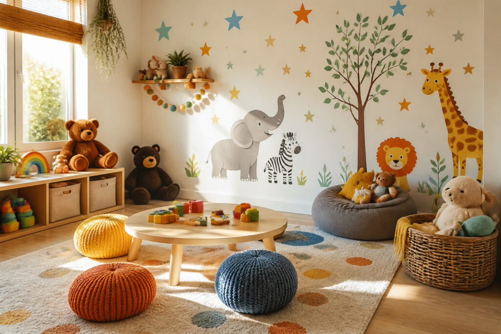Brightly colored playroom with soft toys and a low table