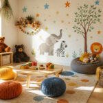 Brightly colored playroom with soft toys and a low table