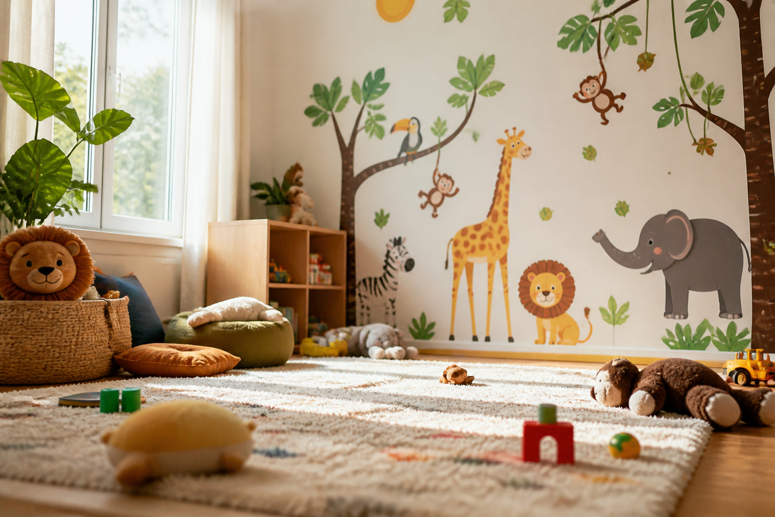 Brightly colored playroom with plush toys scattered on a large rug