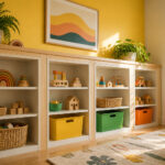 Four IKEA Billy bookcases arranged against a wall in a playroom.