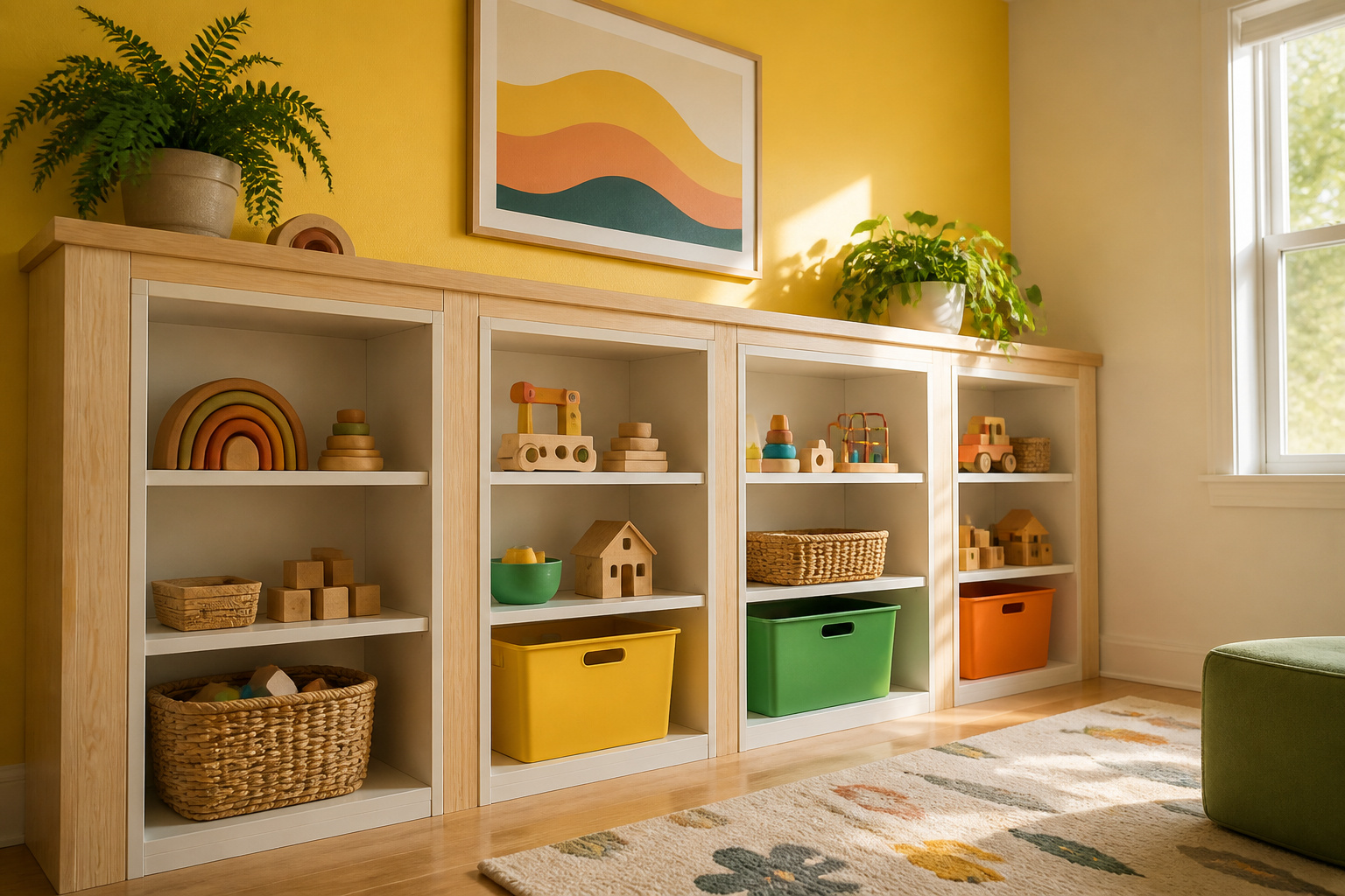 Four IKEA Billy bookcases arranged against a wall in a playroom.