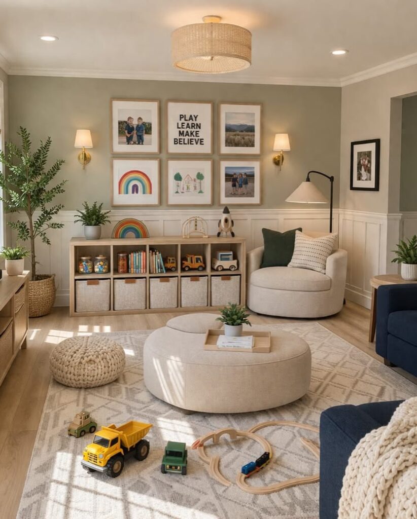 A modern boy's playroom with wooden toy shelves, a large round ottoman, and toy trucks on a rug.