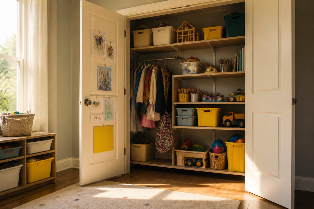 Bright playroom showcasing organized storage solutions for children's toys.