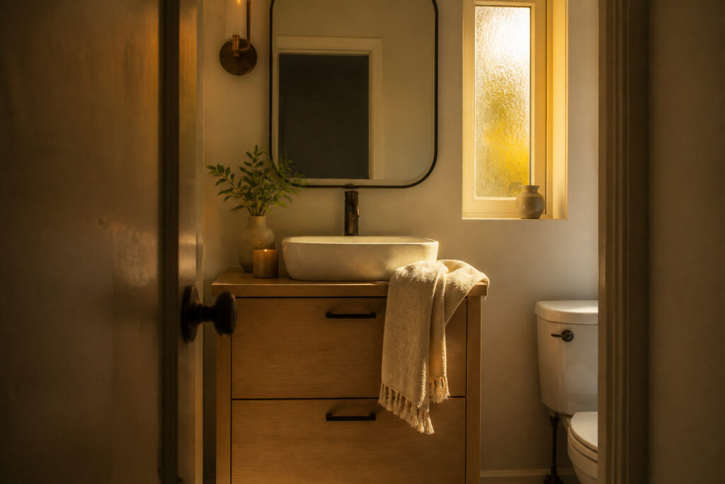 A modern powder room vanity with sleek design and decorative elements.