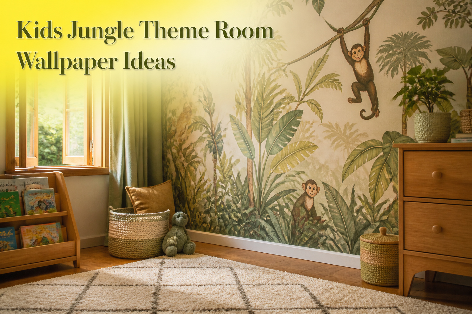 Brightly decorated kids' room with jungle theme wallpaper and playful decor.