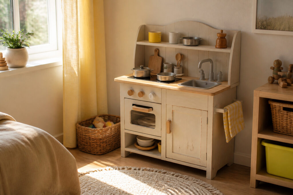 Colorful children's play kitchens arranged in a bright room setting.